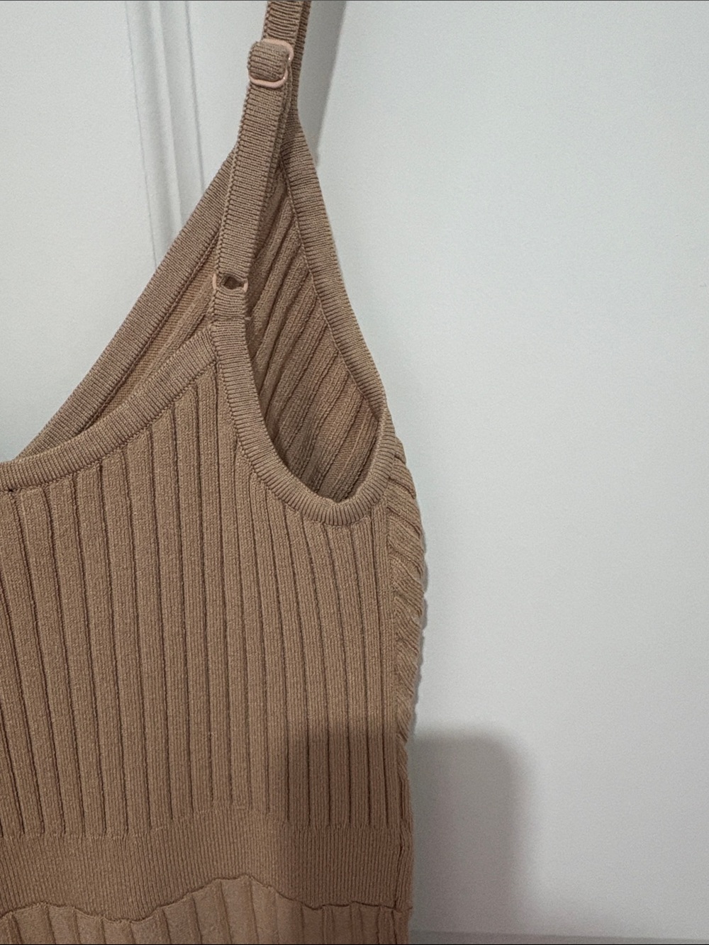 Express Ribbed V-Neck Mini Dress in Tan - Picture 6 of 6